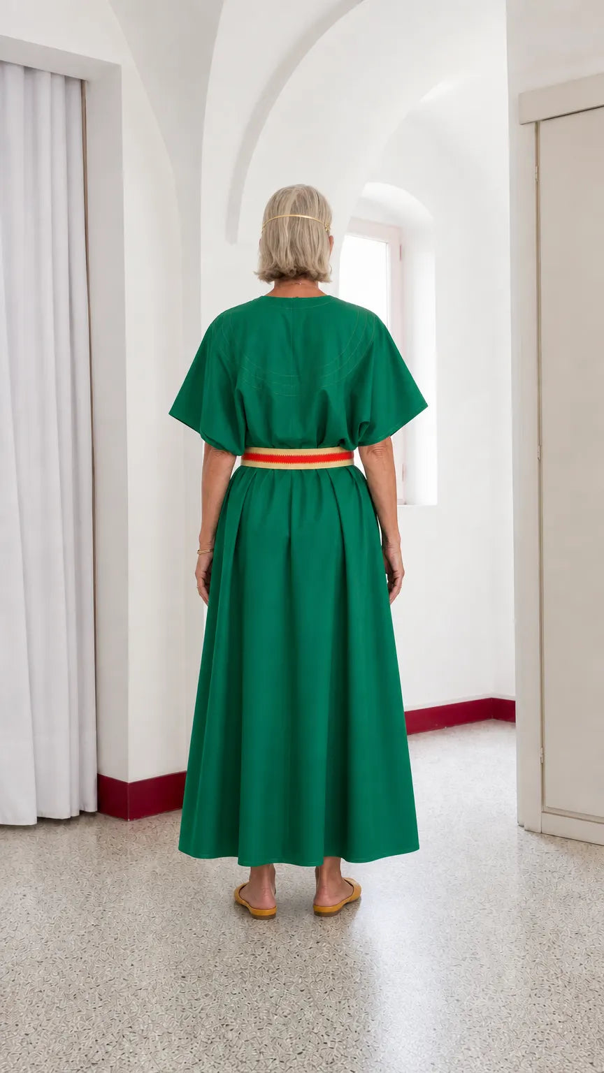 Women's V-Neck Belted Kimono Maxi Dress with Topstitch Detail