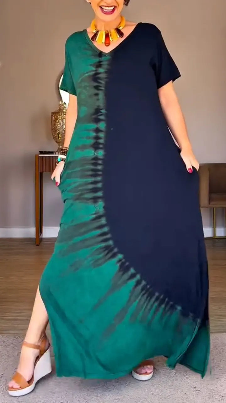 Tie‐Dye V‐Neck Maxi Dress