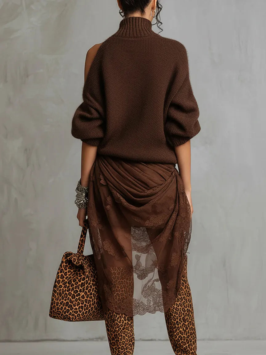 24-Hour-Shipping Chocolate Knit Off Shoulder Tulle Long Sleeve Midi Dress
