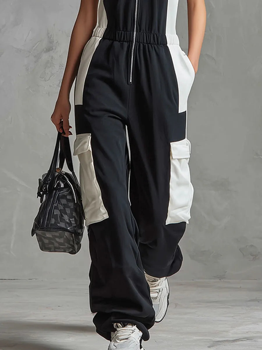 Casual Retro Sporty Black And White Color-blocked V-neck Half-zip Jumpsuit