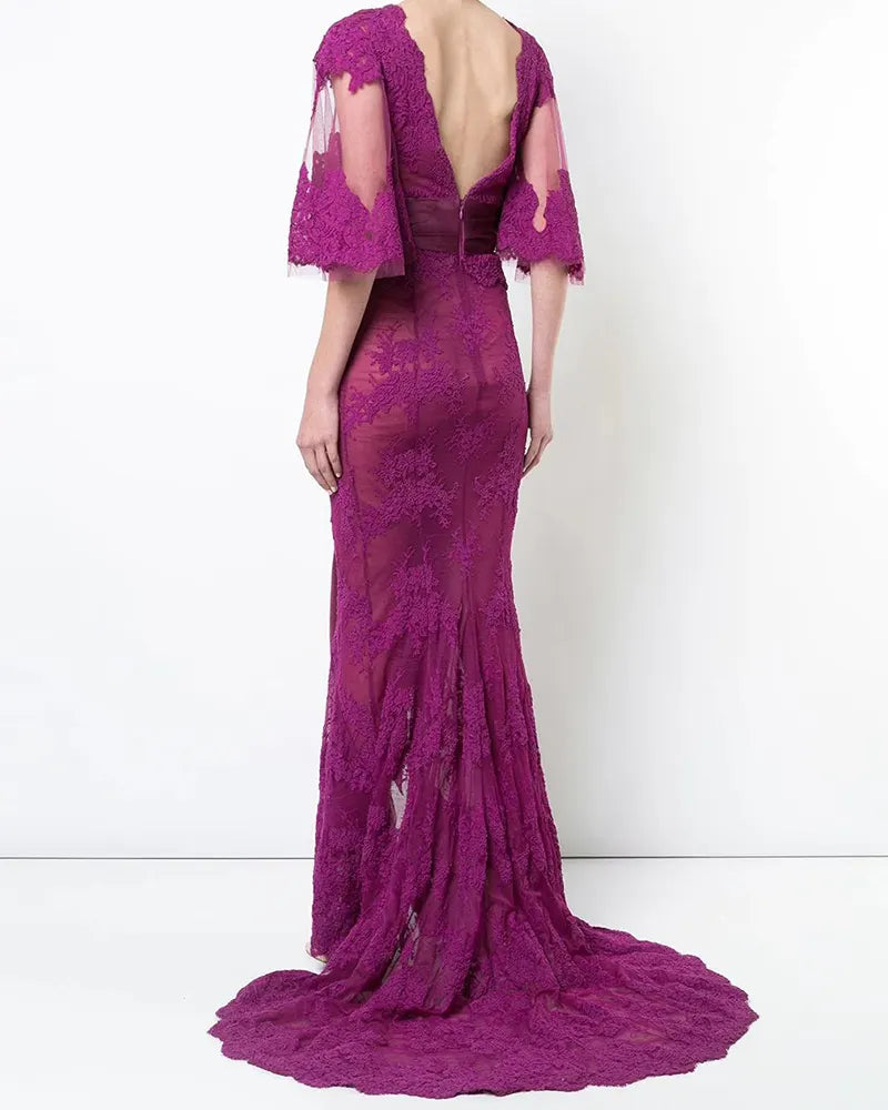 Lace mesh maxi dress V-neck