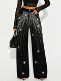 Western Outfits — Midnight Black Hotfix Rhinestone Shooting Star Pattern Premium Stretch Denim Long Pants