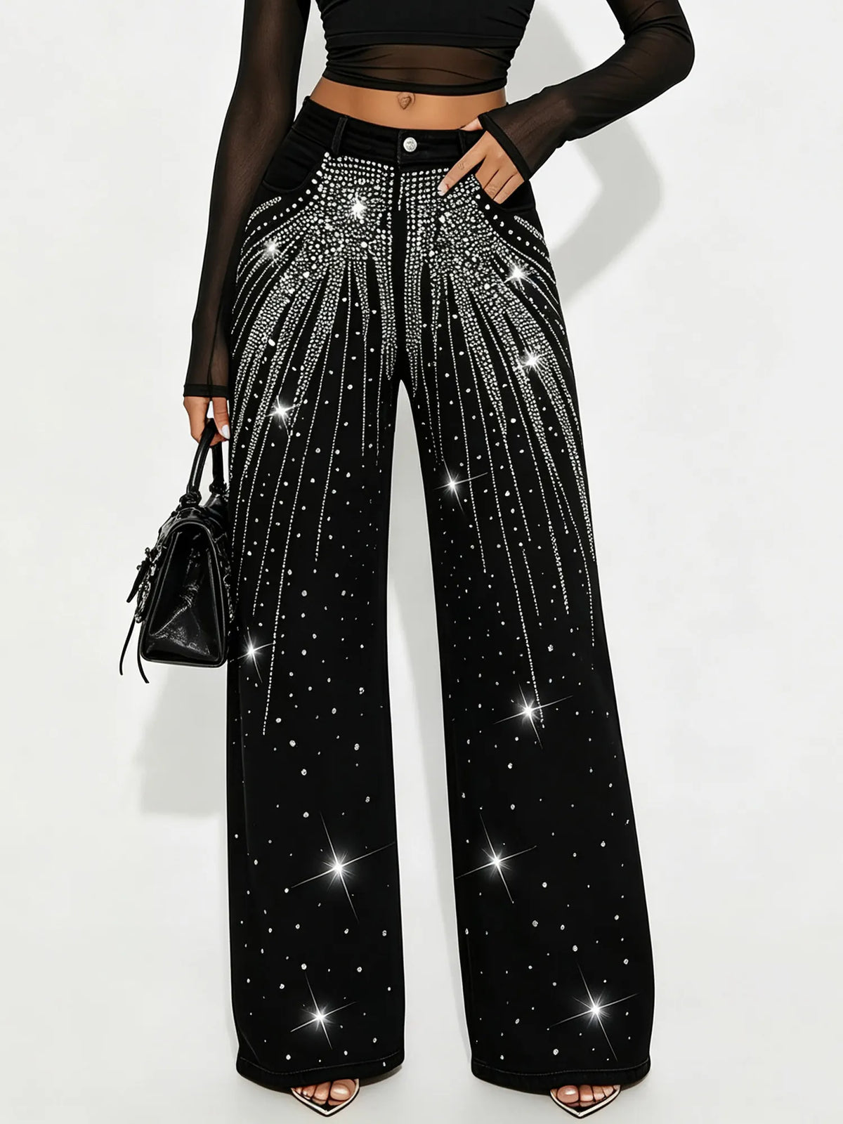 Western Outfits — Midnight Black Hotfix Rhinestone Shooting Star Pattern Premium Stretch Denim Long Pants