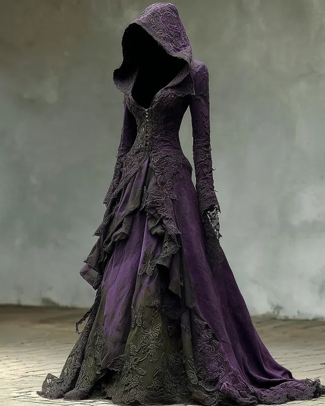 Halloween Theme Irregular Gradient Lace Embroidery Hooded Evening Dress 82a9