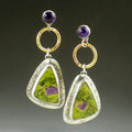 Hollow gold ring with purple diamond earrings
