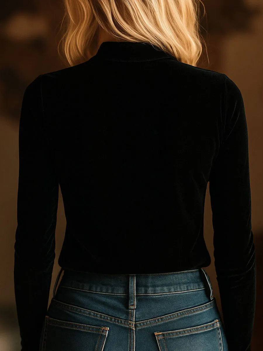 (sale)Elegant V-neck Embroidery Velvet Long Sleeves Top