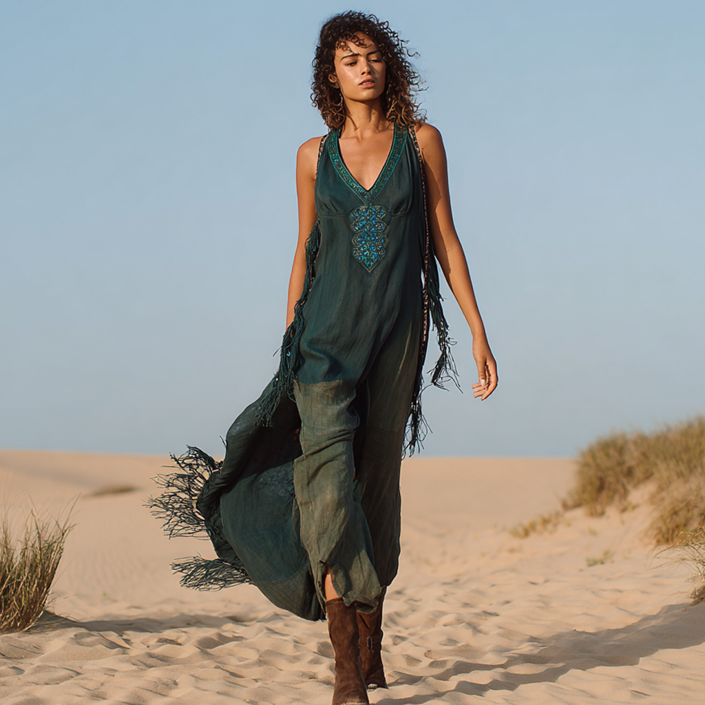 Boho Chic Cotton Linen Blend Maxi Dress With Embroidery And Tassels For Women