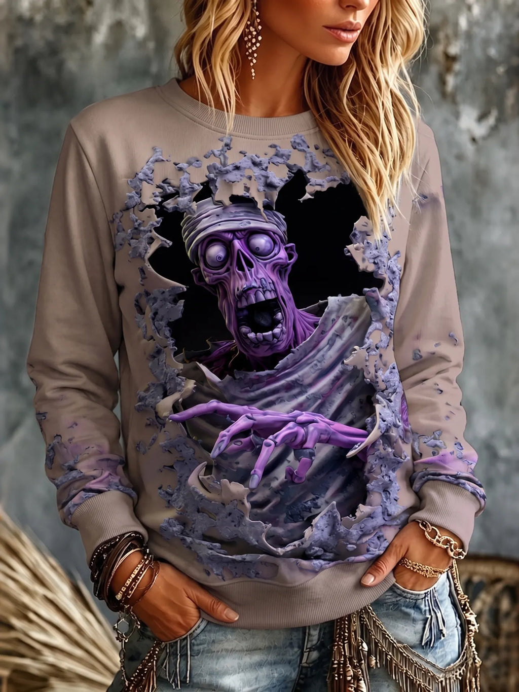 Women's Halloween Optical Illusion Zombies 3d Sweatshirt