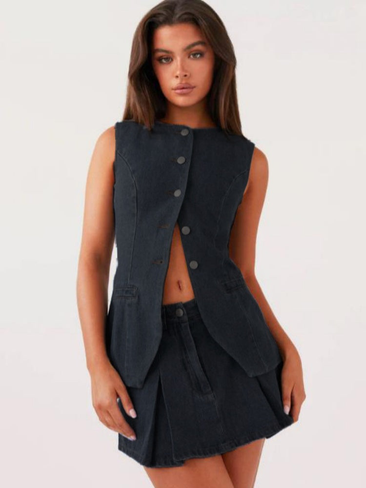 Casual Sleeveless High Waist Denim Set