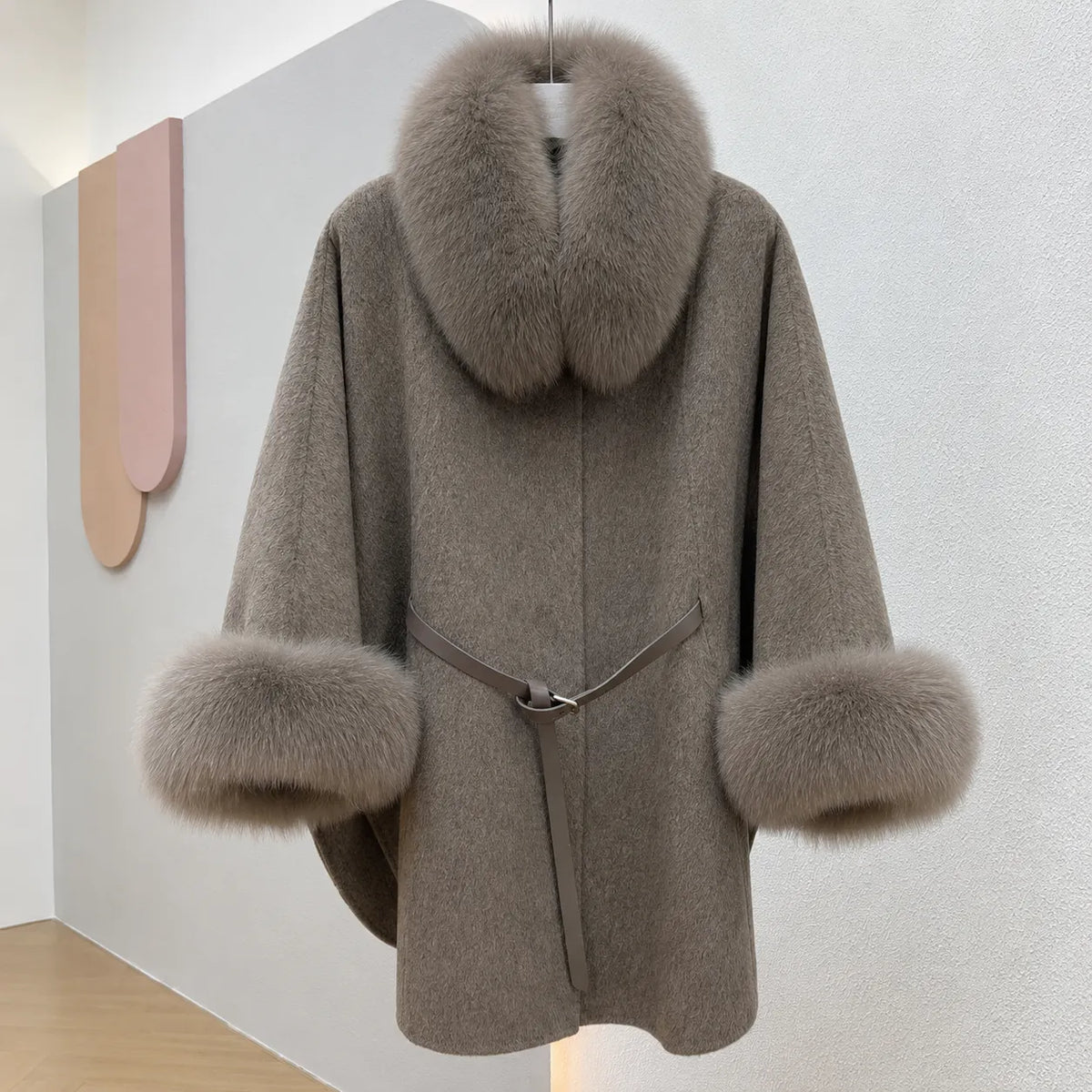 Faux Fur Collar Cape Coat With Belt