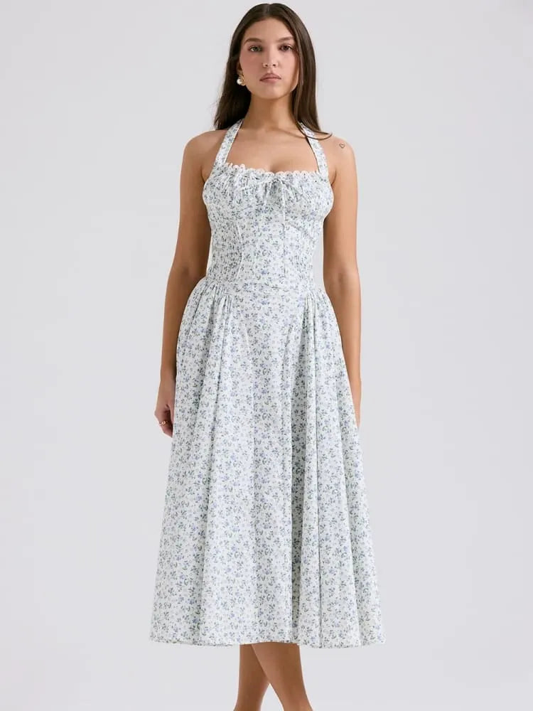 White Halter Backless Dress with Bluebell Floral Print