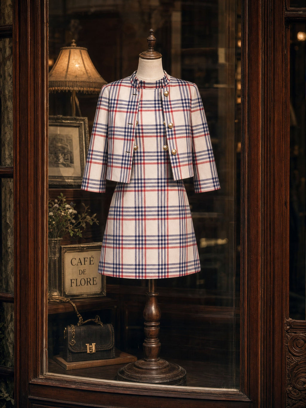 Vintage Plaid Mini Dress And Blazer Two-piece Set