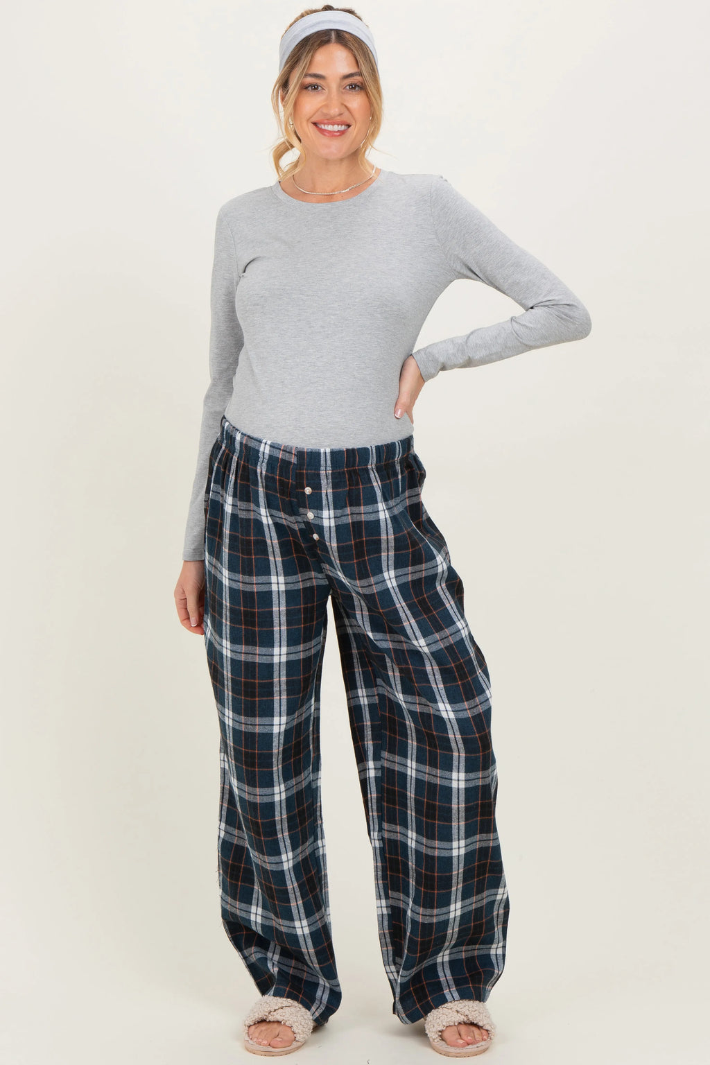 Navy Plaid Wide Leg Maternity Lounge Pants