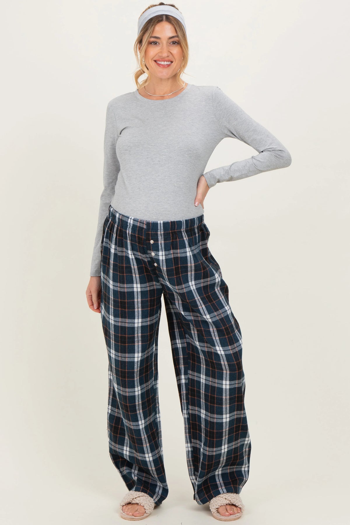 Navy Plaid Wide Leg Maternity Lounge Pants