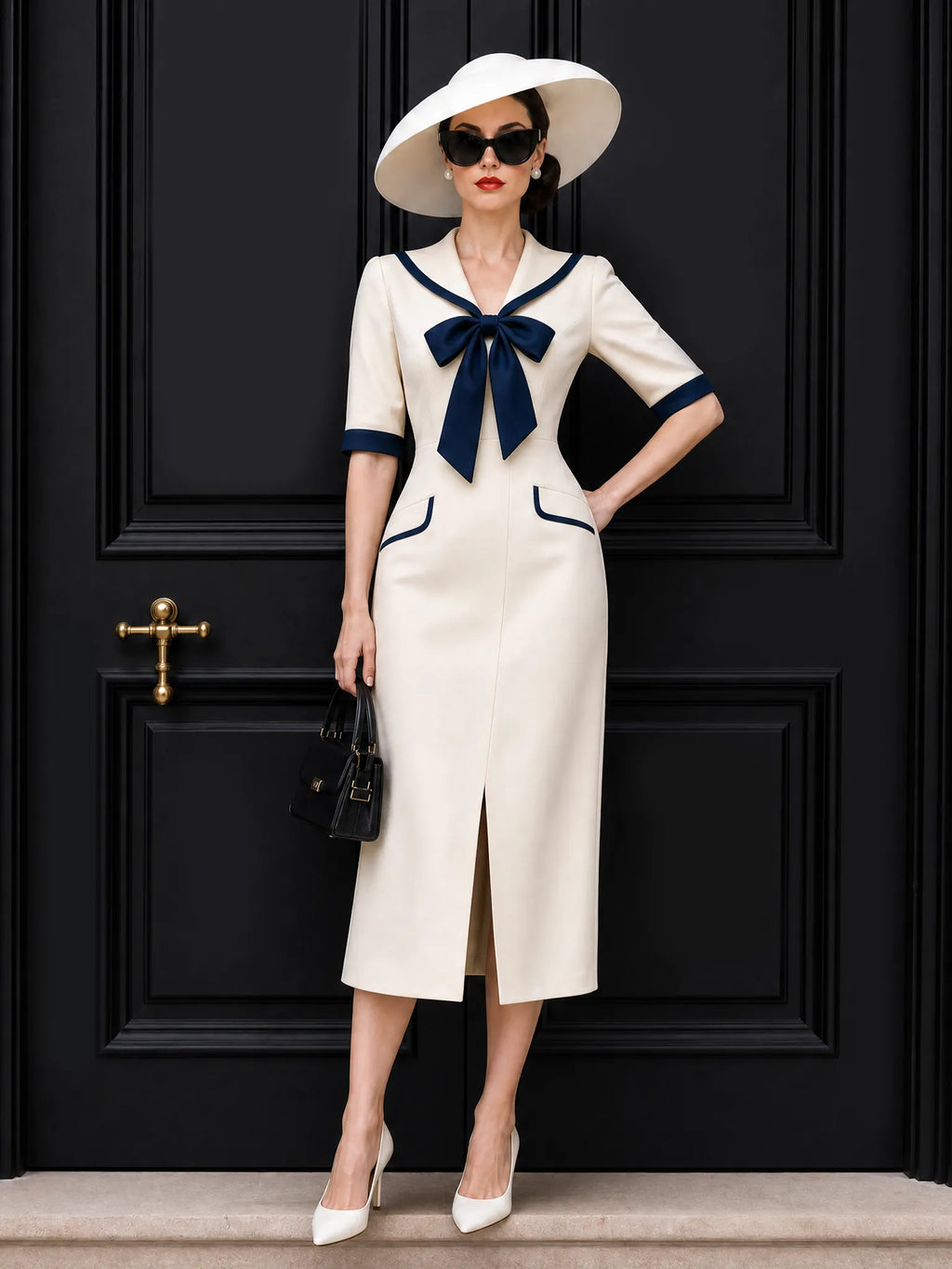 Vintage Sailor Collar Bow Tie Midi Dress