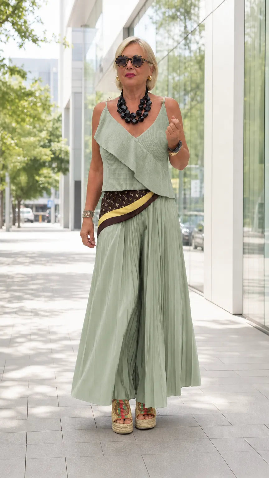 Women's Ruffle V-Neck Camisole & Pleated Wide-Leg Pants Two-Piece Set