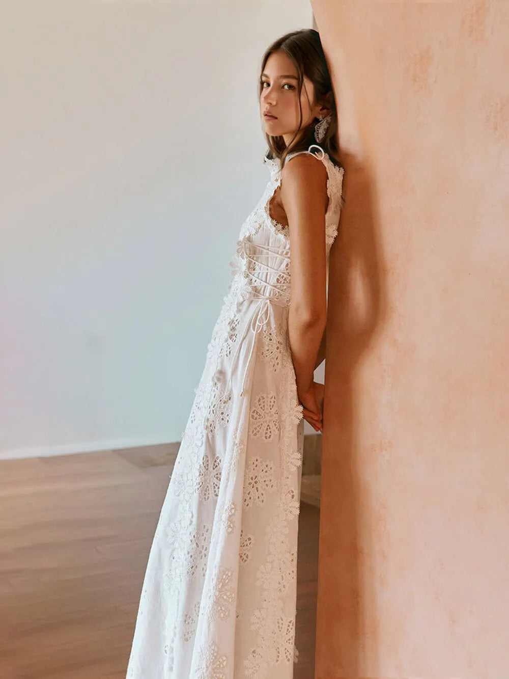 Delicate Lace Hook And Lace Up Sides Maxi Dress