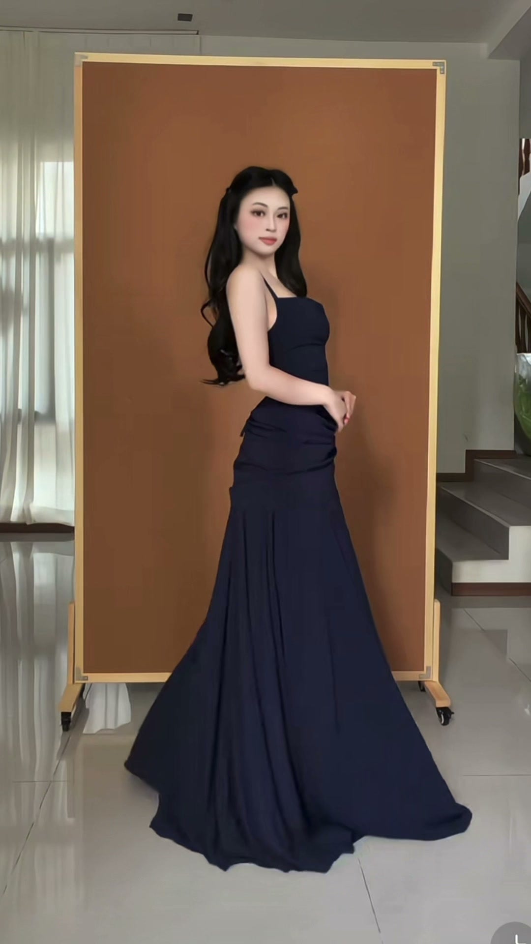 navy-strapless-slip-gown-square-neck-draped-mermaid-maxi-dress