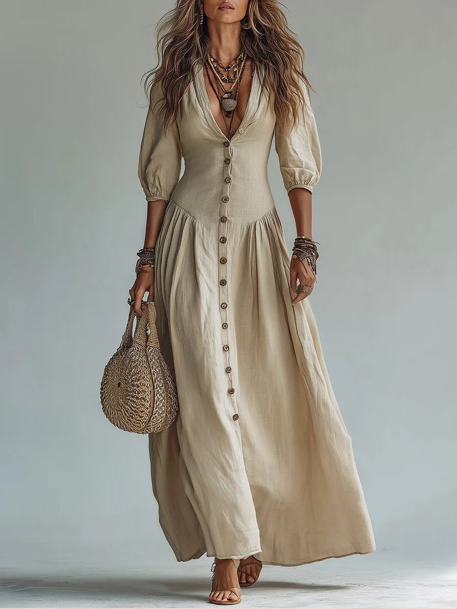 Boho-Chic Slub Cotton Button-Down Maxi Dress