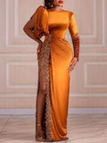 Round-Neck Ruffled Long Sleeve Split-Side Solid Color Evening Maxi Dress