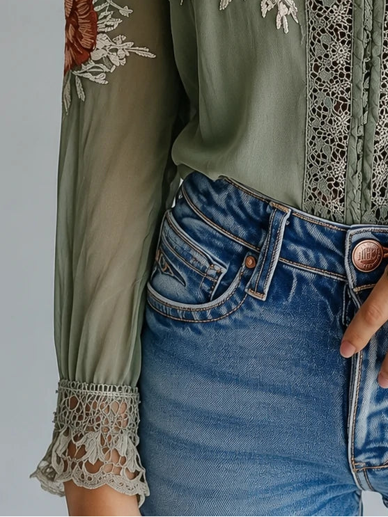 Bohemian Floral Printed Lace Blouse