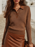 Rust Brown Lurex-Textured Contrast-Collar Button-Front Long Sleeve Resort Sweater