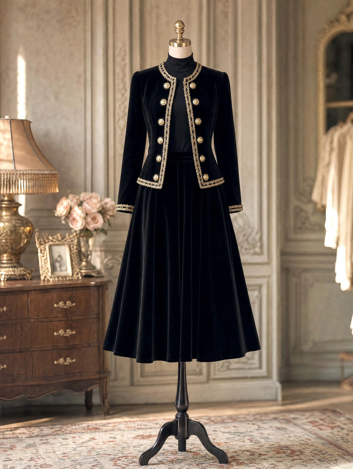 Vintage Gold‑Trim Velvet Cropped Jacket