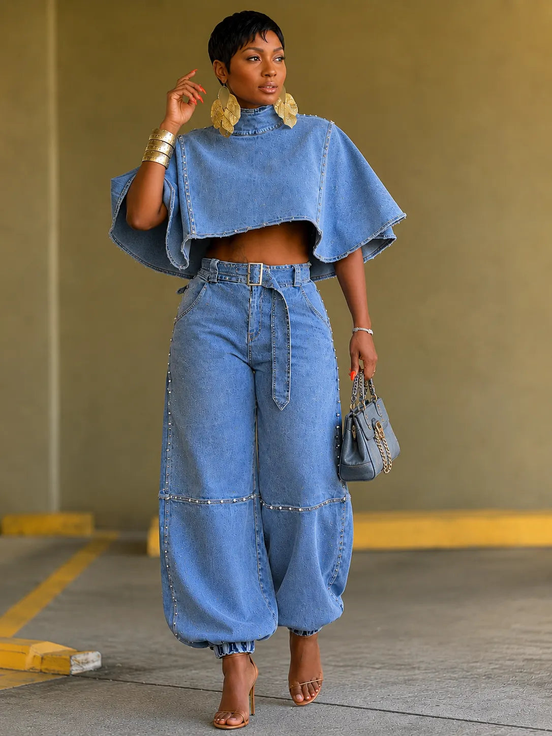 Denim Cape Crop Top &  Denim Pants Two‐Piece Set