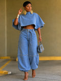 Denim Cape Crop Top &  Denim Pants Two‐Piece Set