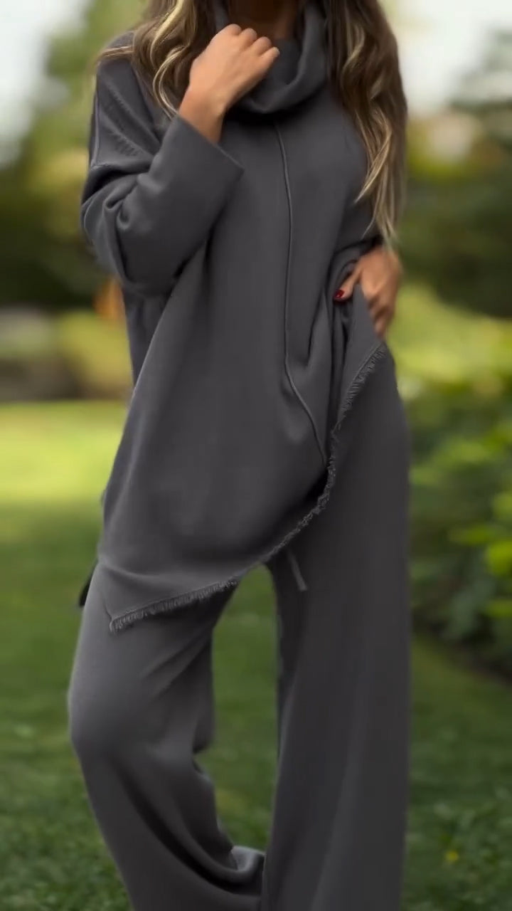 Women High Neck Top + Pants Solid Color Casual Suit