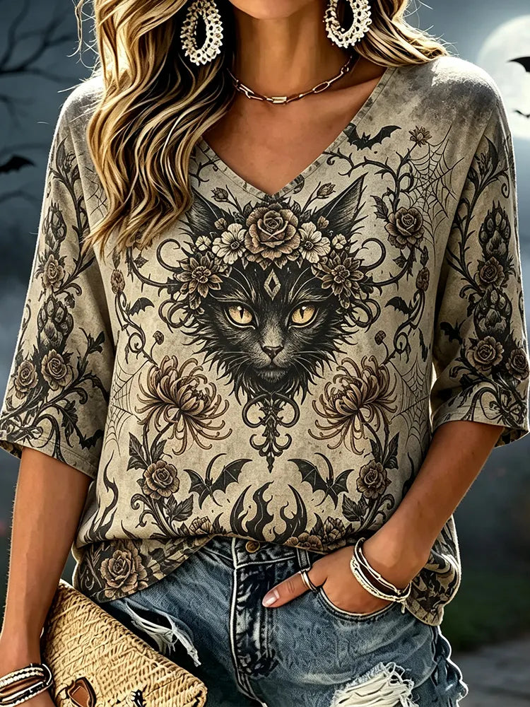 Women's V-neck Half Sleeve T-shirt Featuring Cat Face, Roses, And Flying Bats Graphic
