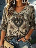 Women's V-neck Half Sleeve T-shirt Featuring Cat Face, Roses, And Flying Bats Graphic