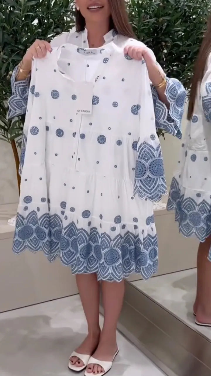White Blue Embroidery Tiered Shirt Dress