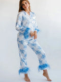 Blue Floral Print Satin Pajama Set