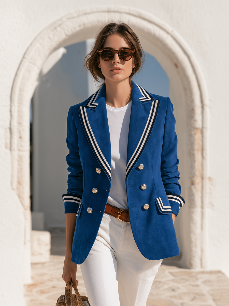Stylish Color-block Webbing Trim Blue Faux-suede Blazer