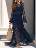 Exquisite And Elegant Round Neck And Tassel Trim Dark Blue Lace Maxi Dress