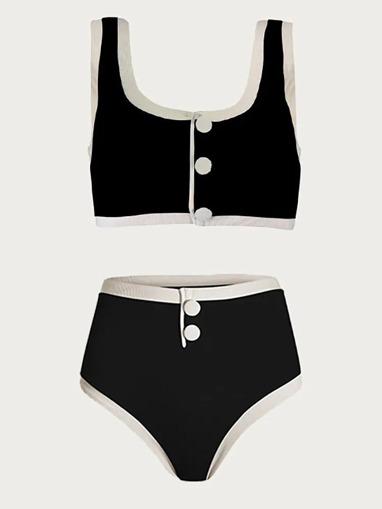 Elegant Contrast Button Detail Two-Piece Swimsuit