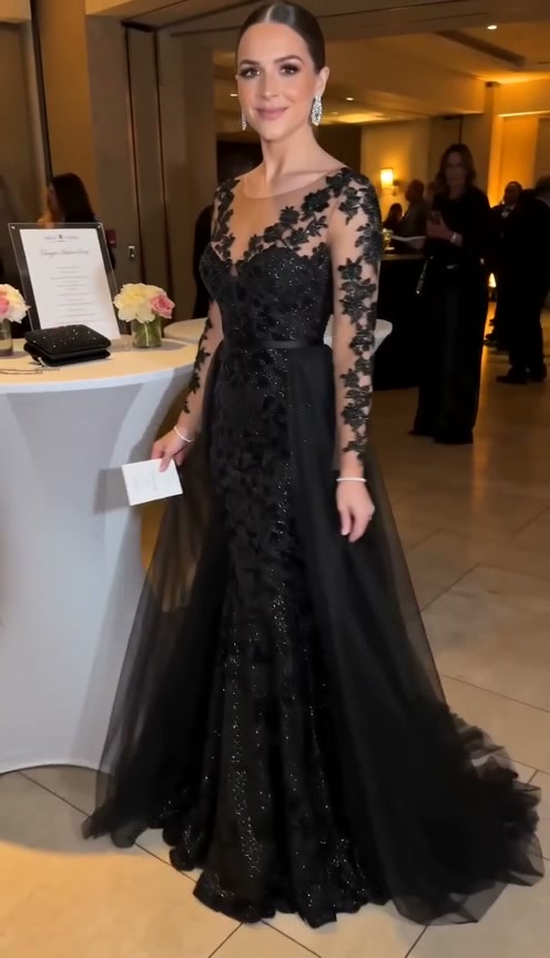 black-lace-mermaid-gown-illusion-sleeve-tulle-train-evening-dress