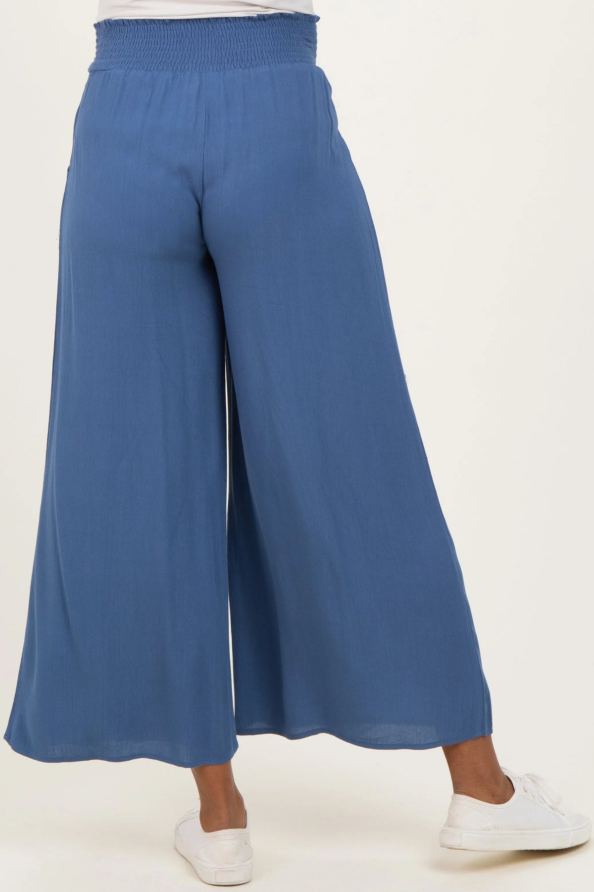 Blue Smocked Waist Ankle Wide Leg Maternity Pants