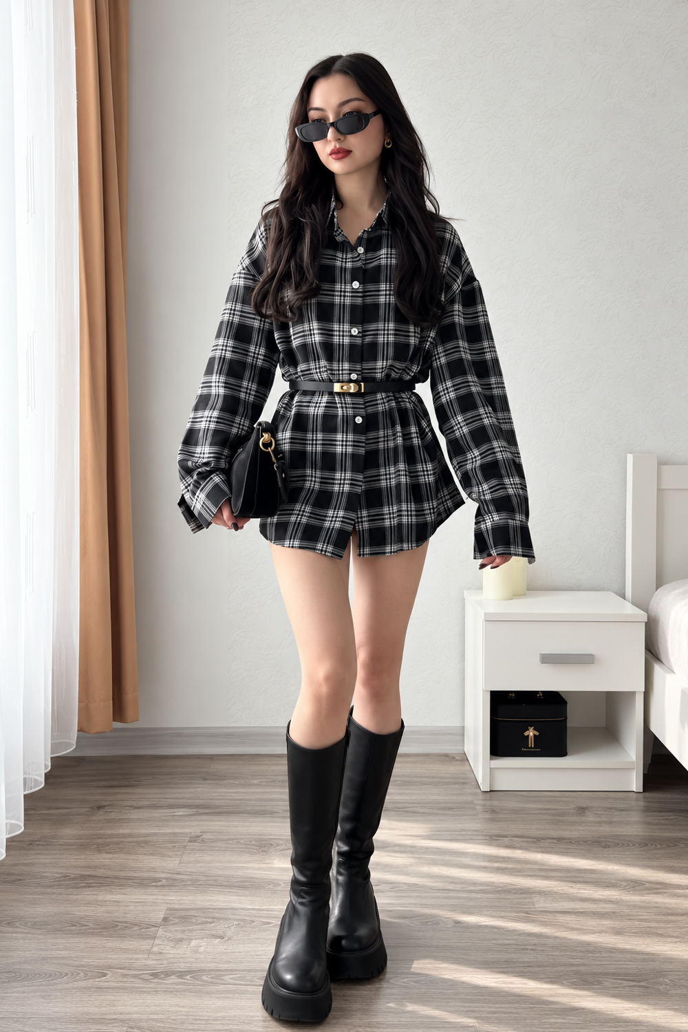 black-grey-plaid-belted-shacket-oversized-plaid-shirt-jacket