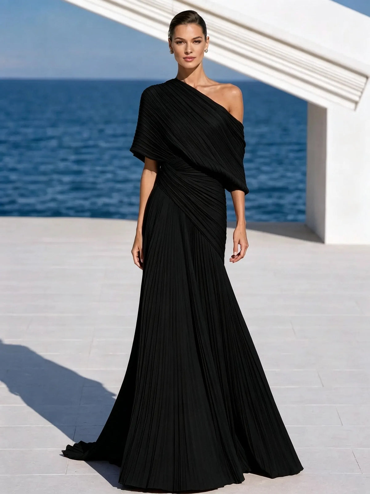 One Shoulder Draped Evening Gown
