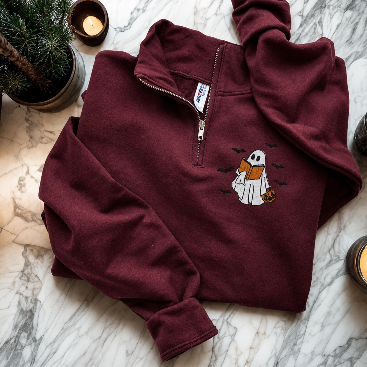 Chaotic Club Embroided Reading Ghost Pumpkin Pastel Pink Quarter Zip Sweatshirt