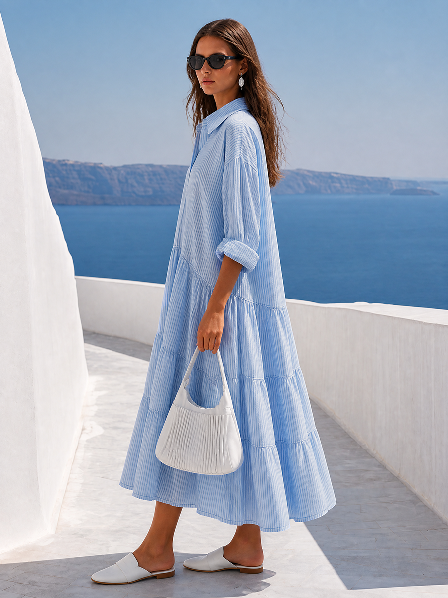 Elegant Blue Striped Collared Tiered Midi Dress