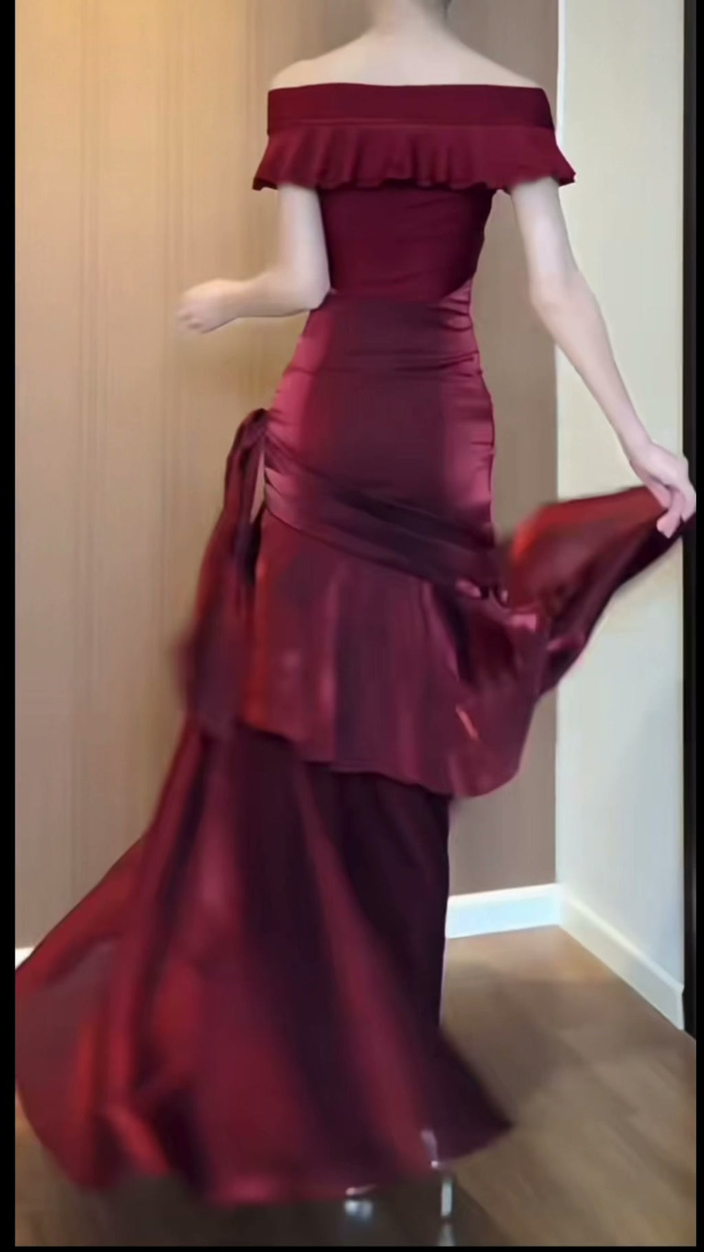 burgundy-off-shoulder-ruffle-gown-tiered-satin-maxi-dress