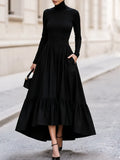 Turtleneck Long‐Sleeve High‐Low Tiered Maxi Dress With Side Pockets