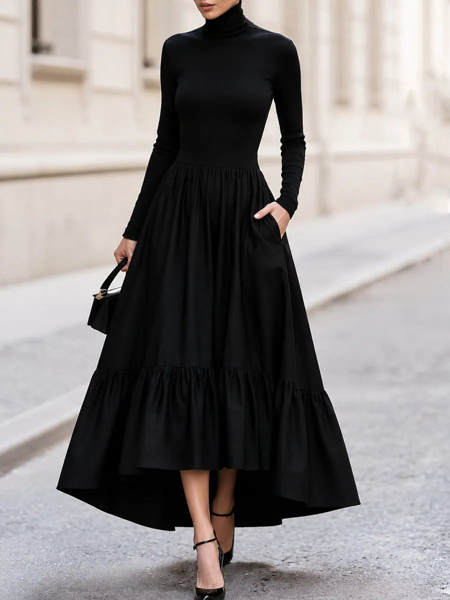 Turtleneck Long‐Sleeve High‐Low Tiered Maxi Dress With Side Pockets