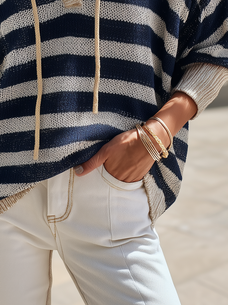Retro Casual Striped Knit Hoodie