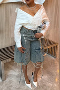 Off‐Shoulder Wrap Shirt & Denim Cargo Knee Shorts Outfit
