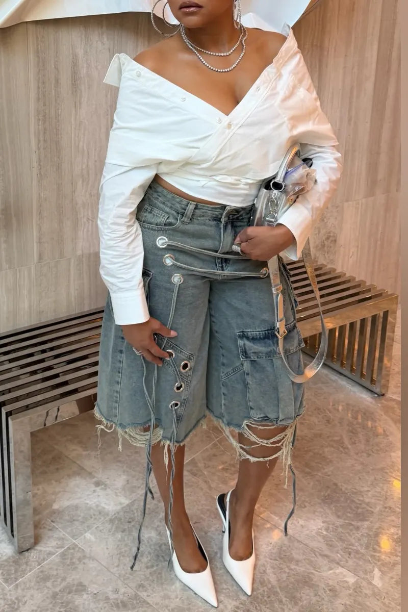 Off‐Shoulder Wrap Shirt & Denim Cargo Knee Shorts Outfit