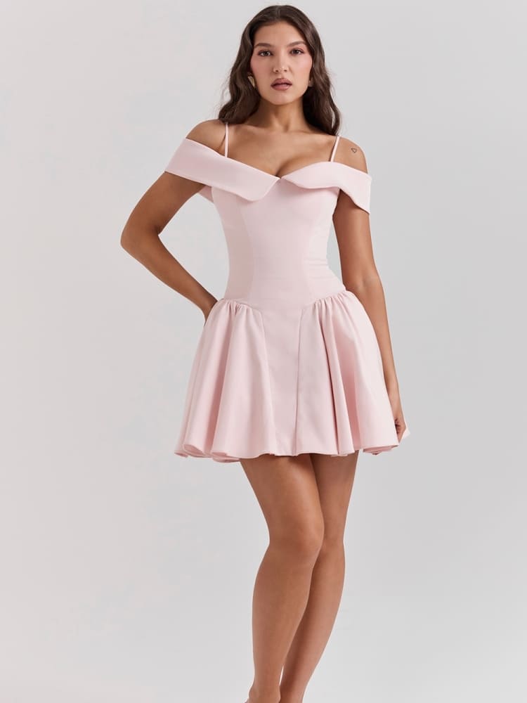 Ballet Pink Off-Shoulder Spaghetti Strap Mini Dress